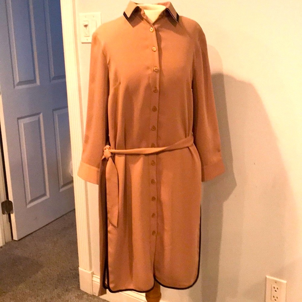 NWT Ann Taylor tan shirt dress black pipe detail